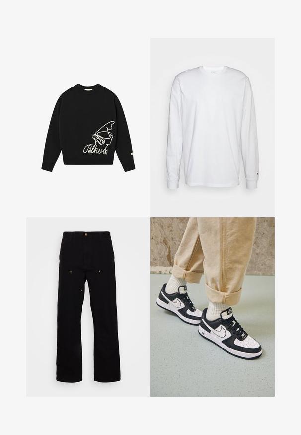 Pull noir à col rond, avec un design brodé de mains blanches et de texte. Fabriqué en tissu doux, avec des poignets et un ourlet côtelés.; T-shirt blanc à manches longues en coton. Design à col rond avec des poignets côtelés et un petit logo sur la manche gauche. Texture lisse.; Pantalons en denim noir avec une coupe droite, présentant des accents en métal doré et des coutures visibles sur les poches avant et arrière.; Baskets Nike Air Force 1 en noir et blanc avec un dessus en cuir, orteil perforé et détail de semelle texturée, portées avec un pantalon beige retroussé et des chaussettes blanches.