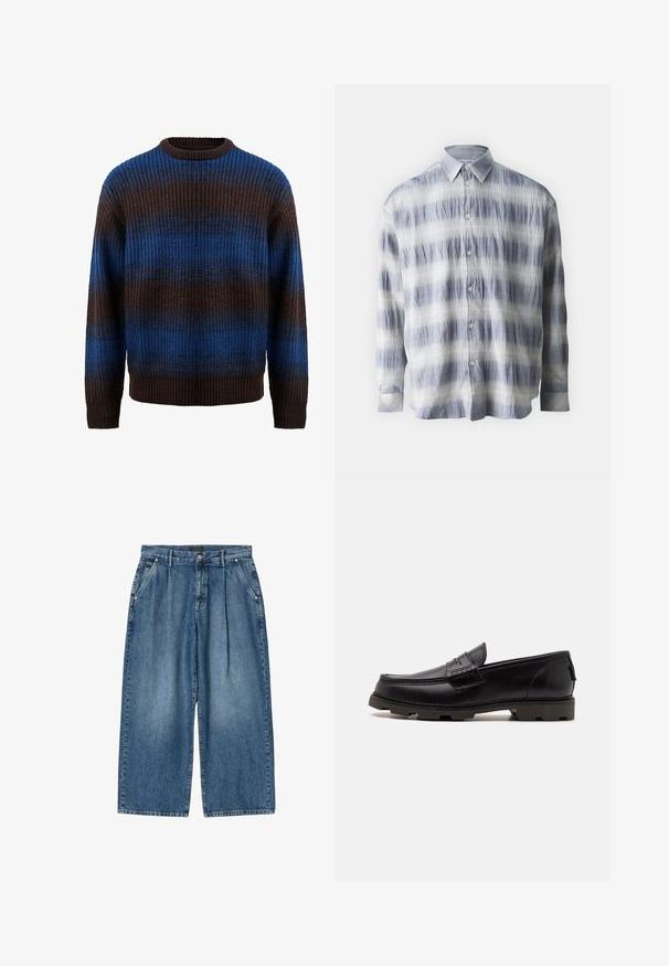 Strikket sweater i brun og blå med en ribbet tekstur, der har vandrette striber og en rund halsudskæring. Lange ærmer med ribbede manchetter.; Button-up skjorte lavet af struktureret stof i blå og hvid med et stribet mønster, med lange ærmer og klassisk krave.; Bredbenede blå cowboybukser med plisseringer, sidelommer, knaplukning og bæltestropper, lagt fladt på en hvid baggrund.; Sorte læder loafers med rund tå, dekorativ syning og en tekstureret ydersål for bedre greb. Let hævet hæl.