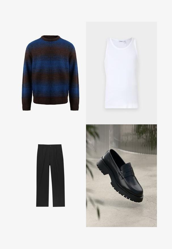 Strikket sweater i brun og blå med en ribbet tekstur, der har vandrette striber og en rund halsudskæring. Lange ærmer med ribbede manchetter.; Hvid bomulds tanktop med rund hals og brede stropper. Glat tekstur, ingen mønstre, enkelt design og mærkeetiket på halsudskæringen.; Sorte bukser med lige ben, lavet af et glat stof. Har frontfolder og en enkelt knaplukning i taljen.; Sorte læder loafers med en chunky sål, der har en dekorativ rem og syninger. Glat tekstur med en poleret overflade.