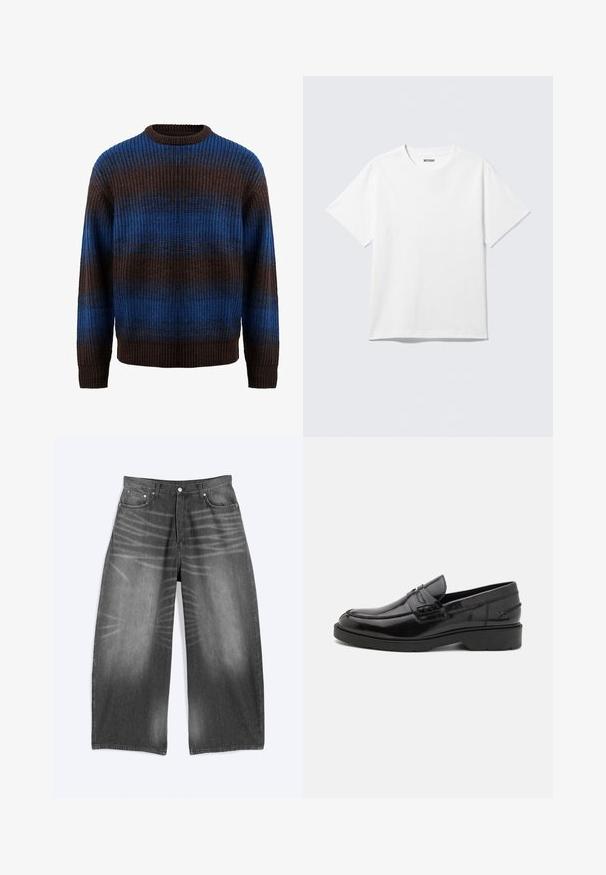 Pull en tricot marron et bleu avec une texture côtelée, présentant des rayures horizontales et un col rond. Manches longues avec des poignets côtelés.; T-shirt blanc à manches courtes et col rond, étalé à plat, design uni, avec l'étiquette "WEEKDAY" à l'intérieur du col sur un fond clair.; Jean en denim noir délavé à jambes larges avec poches avant et fermeture à boutons, présenté à plat sur fond clair.; Mocassins en cuir noir avec une finition lisse, un bout rond, un petit talon et descoutures décoratives à l'avant. Semelle en caoutchouc pour l'adhérence.
