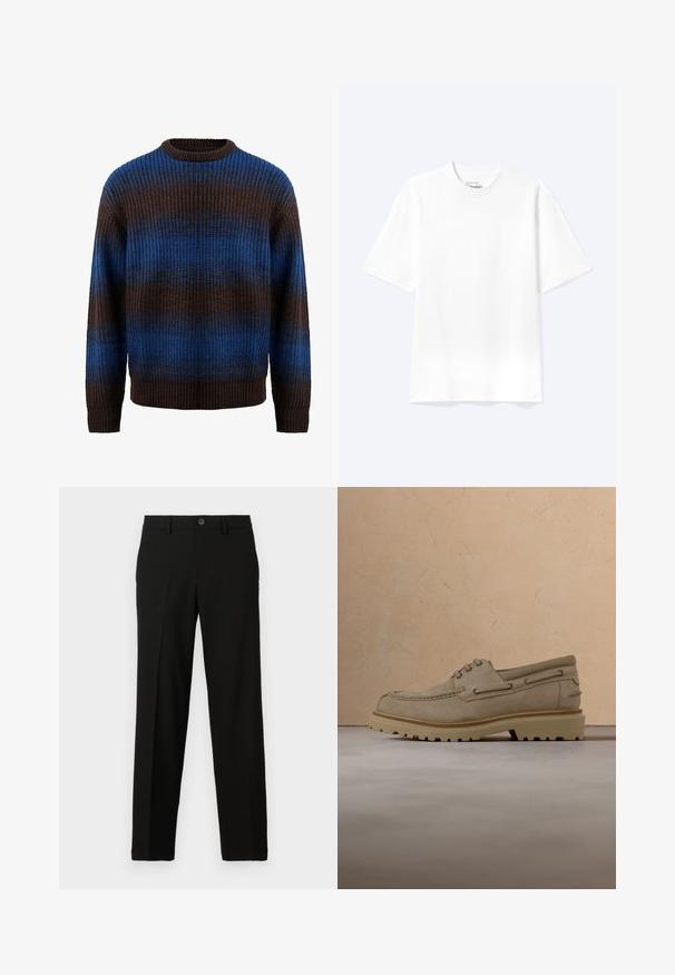 Strikket sweater i brun og blå med en ribbet tekstur, der har vandrette striber og en rund halsudskæring. Lange ærmer med ribbede manchetter.; Enkel hvid T-shirt med korte ærmer og rund hals med afslappet pasform, vist på en lys baggrund.; Sorte bukser lavet af glat stof, med lige snit, knaplukning i taljen, og uden synlige mønstre eller accenter.; Beige ruskind casual snørestøvle med tyk, rillet sål, vist i luften over matchende beige struktureret overflade og baggrund.
