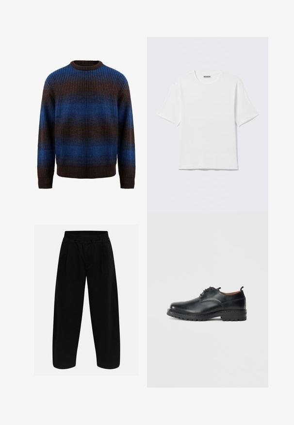 Pull en tricot marron et bleu avec une texture côtelée, présentant des rayures horizontales et un col rond. Manches longues avec des poignets côtelés.; T-shirt blanc uni à manches courtes et col rond, avec une petite étiquette "WEEKDAY" à l'intérieur du col arrière, présenté à plat.; Pantalon noir à jambes larges avec une taille élastique, des plis sur le devant et des jambes droites, présenté sur un fond uni clair.; Chaussures derby en cuir noir avec une texture lisse, bout rond, design à lacets et une semelle en caoutchouc épaisse et robuste.