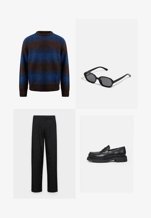 Knitted sweater in brown and blue with a ribbed texture, featuring horizontal stripes and a crew neckline. Long sleeves with ribbed cuffs.; Black trousers made of smooth fabric, featuring a straight-leg design, two front pleats, and standard waistband with belt loops.; Black leather loafer with thick ridged sole and penny strap detail, shown in right side profile on white background.; Zign by Zalando Sunglasses - black