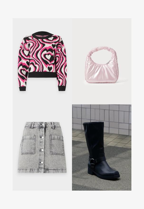 Jersey de punto con un patrón ondulado de corazones en rosa, blanco y negro. Cuello y puños acanalados; diseño corto. Textura suave.; Falda de mezclilla en gris claro con una textura desgastada, con cierre de botones al frente, dos grandes bolsillos frontales y corte recto.; Bota negra de cuero hasta la mitad de la pantorrilla con un tacón bajo de bloque y una correa decorativa con hebilla metálica alrededor del tobillo, sobre un pavimento de baldosas.; Bolso de mano acolchado en color rosa con un diseño redondeado, fabricado en material brillante. Presenta un asa fruncida y un cierre de cremallera para un acceso seguro.