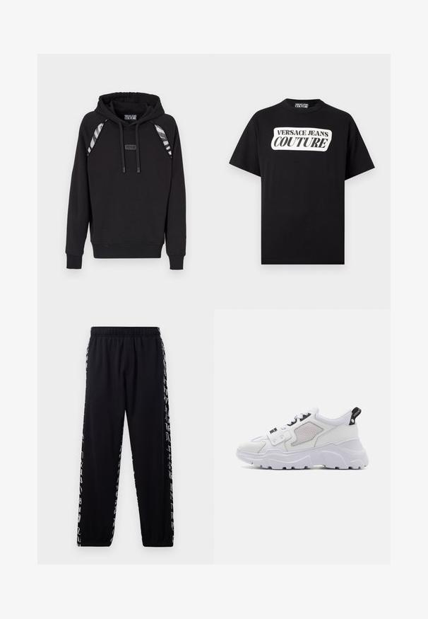 Sudadera negra con puños y dobladillo acanalados, que presenta acentos a rayas grises en los hombros y una etiqueta de logo en la parte delantera. Textura de tela suave.; Camiseta negra de manga corta con un logo rectangular blanco en el centro del pecho que dice "VERSACE JEANS COUTURE".; Pantalones de chándal negros con cintura y puños elásticos, que presentan un estampado de script abstracto blanco a lo largo de las costuras laterales exteriores.; Zapatillas blancas voluminosas con un upper de cuero texturizado, detalles de malla, logo negro y una suela blanca gruesa. Asa lateral para facilitar el calzado.