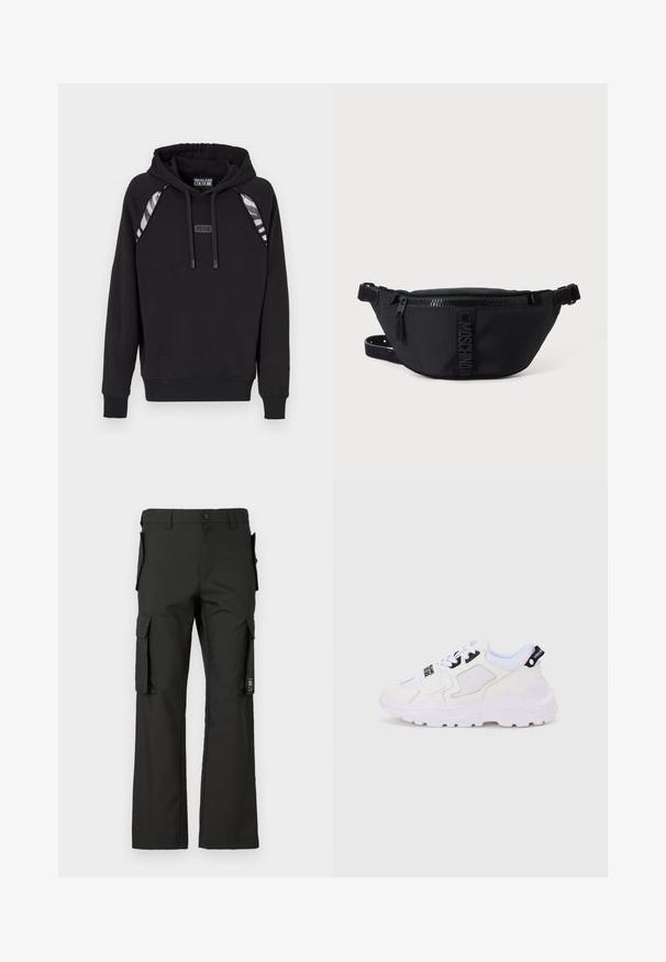 Haut à capuche noir avec des poignets et un bas côtelés, doté d'accents rayés gris sur les épaules et d'une étiquette logo à l'avant. Texture du tissu douce.; Pantalons cargo noirs avec une coupe droite, présentant plusieurs poches latérales et une fermeture à bouton. Fabriqués en tissu résistant, texture lisse.; Baskets blanches de sport avec une semelle épaisse, une tige en mesh et synthétique, des détails noirs en accent et des lacets. Design texturé et logo sur le talon.; Sac banane noir Moschino avec fermeture éclair frontale et sangle ajustable sur un fond uni clair.