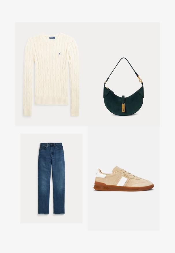 Kremfarvet kabelstrikket langærmet sweater med ribstrikkede manchetter og kant, med en lille broderet logo på venstre bryst.; Straight-leg blå denim jeans med fem lommer, knaplukning og subtil falmning på lår og knæ, lagt fladt på hvid baggrund.; Beige ruskindssneakers med hvide striber, gummisål og brune detaljer. Har en tekstureret overflade og en logo på siden.; Mørkegrøn ruskind skuldertaske med buet form, guldtonet hardware og en kort rem med låsedetaljer.