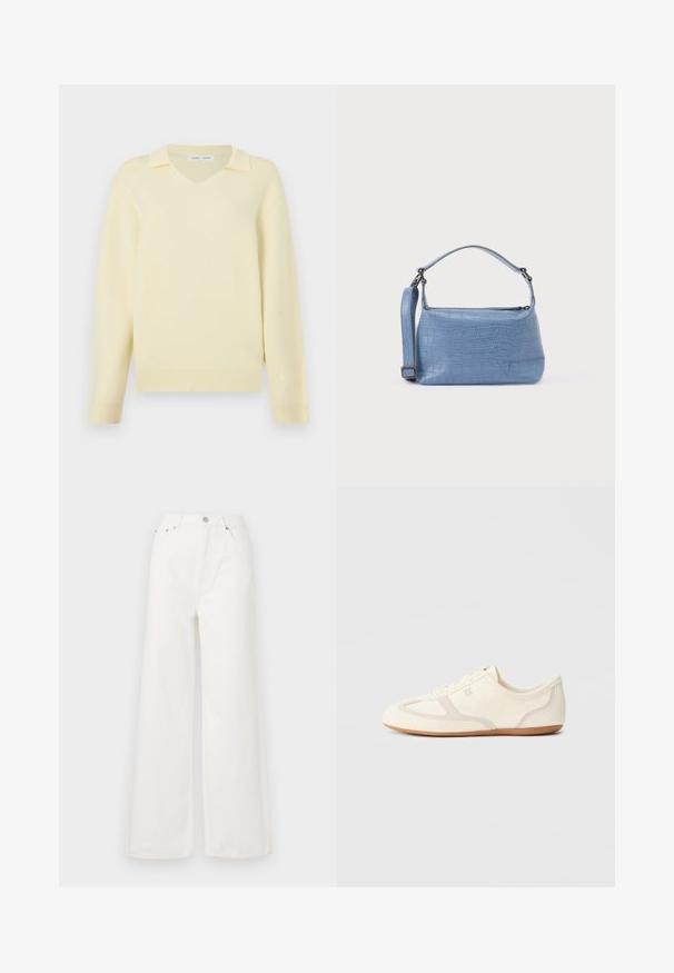 Pull jaune à col en V avec un col structuré, fabriqué en matériau doux, doté de manches longues et de détails côtelés à l'ourlet.; Jeans large à taille haute blancs en denim. Comprend des poches avant, une fermeture à bouton et des détails d'ourlet effiloché.; Baskets couleur crème avec une tige en daim et tissu, un bout arrondi, et une semelle en caoutchouc avec un détail accent beige. Fermeture à lacets.; Sac à main bleu clair embossé façon crocodile avec une poignée courte et une bandoulière amovible. Texture lisse avec une fermeture éclair.