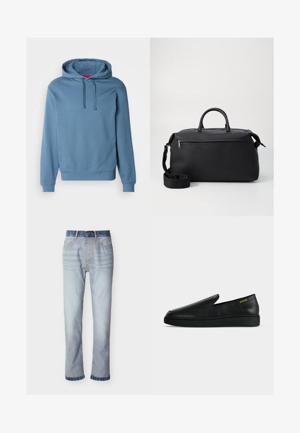 Sweat à capuche bleu en tissu de coton doux. Comprend une capuche avec cordon de serrage, des poignets et un ourlet côtelés, avec un logo discret embossé sur la poitrine.; Jean denim bleu clair avec une ceinture bleu foncé, coupe droite, cinq poches et détails de couture visibles.; Chaussure noire en cuir à enfiler avec semelle épaisse et marquage "HUGO" en or près du talon sur un fond uni gris clair.; Sac de voyage en cuir noir avec deux poignées supérieures, une bandoulière amovible et une poche avant zippée pour un espace de rangement supplémentaire.