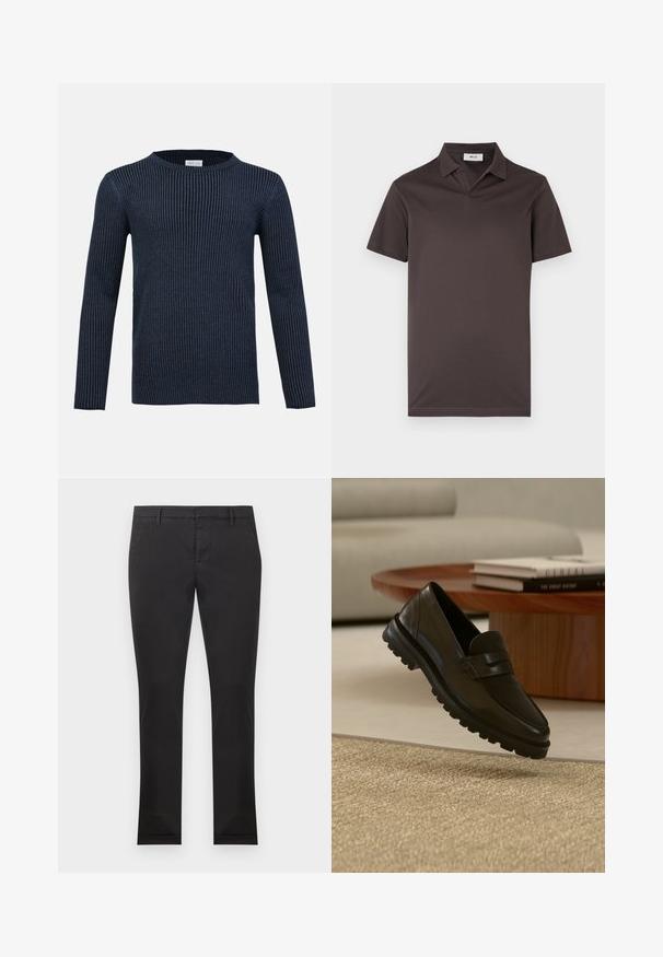 Marineblå ribstrikket sweater med lange ærmer, rund hals og tekstureret mønster. Fremstillet af et blødt stof, der har en slank silhuet.; Kortærmet polo i mørkebrun med V-hals, blød tekstur og rene syningsdetaljer. Ideel til afslappet brug.; Sorte, slanke bukser med bæltestropper, forlommer og lynlås foran, vist mod en ens hvid baggrund.; Sort læderloafer med kraftig slidstærk sål, der svæver over et tekstureret beige tæppe, et rundt træ-sofabord og stablede bøger i baggrunden.