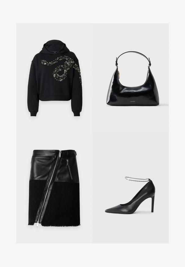 Μαύρο κοντό φούτερ με κουκούλα, με σχέδιο φίδι από παγιέτες σε ασημί και μαύρο μπροστά, φτιαγμένο από μαλακό ύφασμα.; Μαύρη φούστα που συνδυάζει δέρμα και υφή υφάσματος. Διαθέτει διαγώνιο φερμουάρ, δύο πλαϊνές τσέπες με φερμουάρ και φθαρμένο τελείωμα στο κάτω μέρος.; Μαύρο δερμάτινο ψηλοτάκουνο παπούτσι με μυτερή μύτη, που διαθέτει λεπτό αλυσίδα αστραγάλου σε ασημί χρώμα και κομψή, λεία υφή.; Μαύρη γυαλιστερή τσάντα Calvin Klein με χρυστό φερμουάρ και κοντό λουρί σε απλό λευκό φόντο.