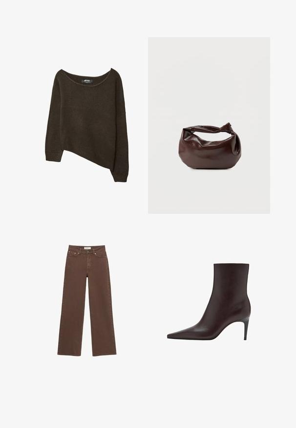 Brun, løst strikket sweater med en asymmetrisk kant og bred halsudskæring. Blød tekstur med ribbede manchetter og et mærke på den indvendige halsudskæring.; Brune vidde jeans med forreste knap og lynlås, fem lommer og bæltestropper, vist på en hvid baggrund.; Brun læder ankelstøvle med spids tå, slank skafter og en tynd, høj hæl. Glat tekstur, minimalistisk design, ingen synlig hardware.; Mørkebrun læder skuldertaske med en blød, afslappet form og et snoet knudehåndtag på en ensartet hvid baggrund.