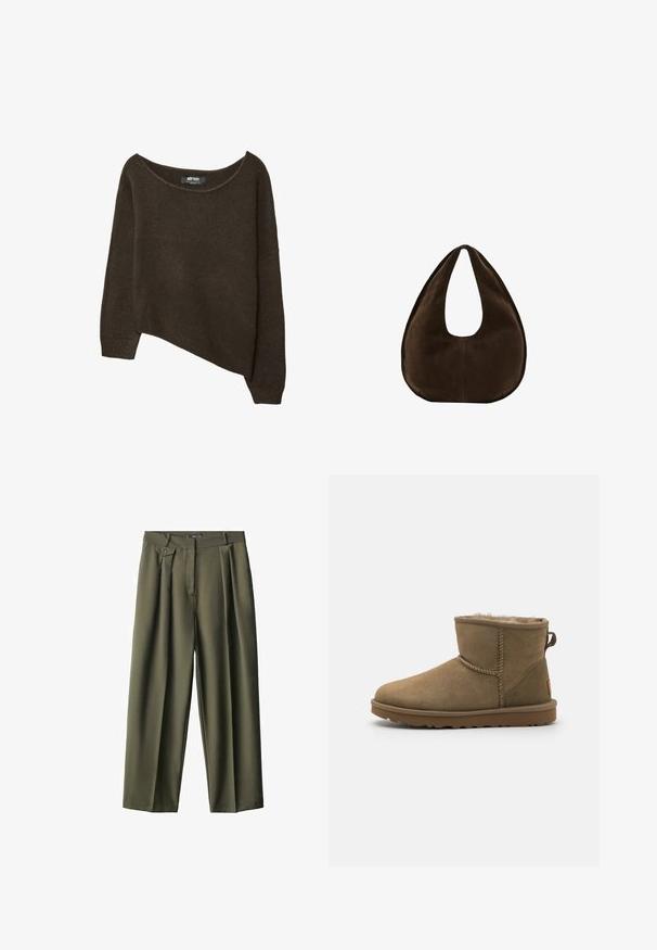 Brun, løst strikket sweater med en asymmetrisk kant og bred halsudskæring. Blød tekstur med ribbede manchetter og et mærke på den indvendige halsudskæring.; Olivenfarvede brede bukser lavet af glat stof, med frontfolder, en enkelt knaplukning og to sidelommer.; Brune ruskind ankelstøvle med en blød, fuzzy foring, rund tå og en løkkeaccent bagpå. Flad gummisål med struktureret greb.; Mørkebrun ruskind skuldertaske formet som en halvmåne med en bred rem og glat tekstur på en hvid baggrund.