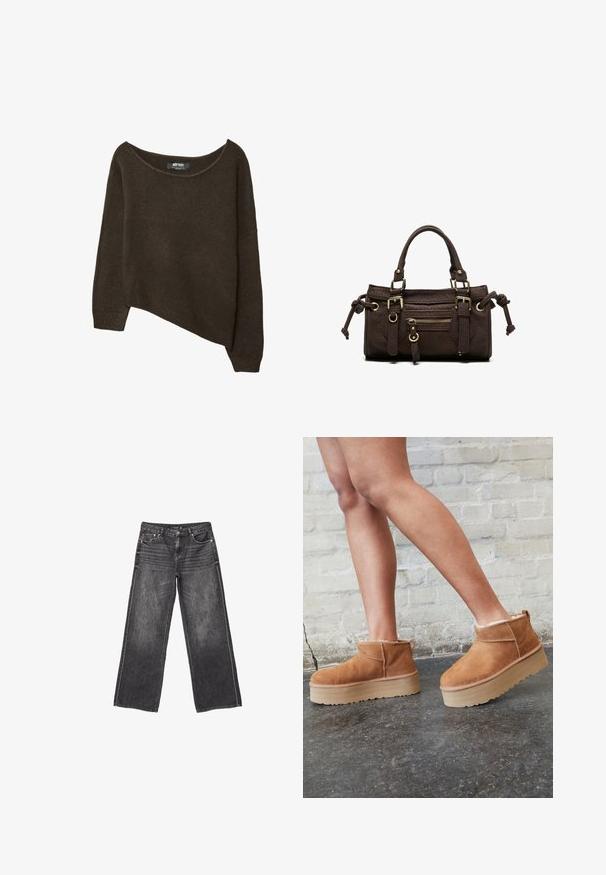 Pull en tricot lâche marron avec un ourlet asymétrique et un col large. Texture douce avec des poignets côtelés et une étiquette à l'intérieur du col.; Jean en denim gris foncé à jambes larges avec poches avant et arrière, fermeture à bouton et dégradé subtil.; Bottines en suède marron avec une doublure en peluche, semelle épaisse en beige et une poignée à l'arrière. Surface texturée avec des détails de couture visibles.; Sac à main en cuir marron foncé avec double poignée, poche avant zippée, boucles décoratives et nœuds latéraux sur fond blanc.