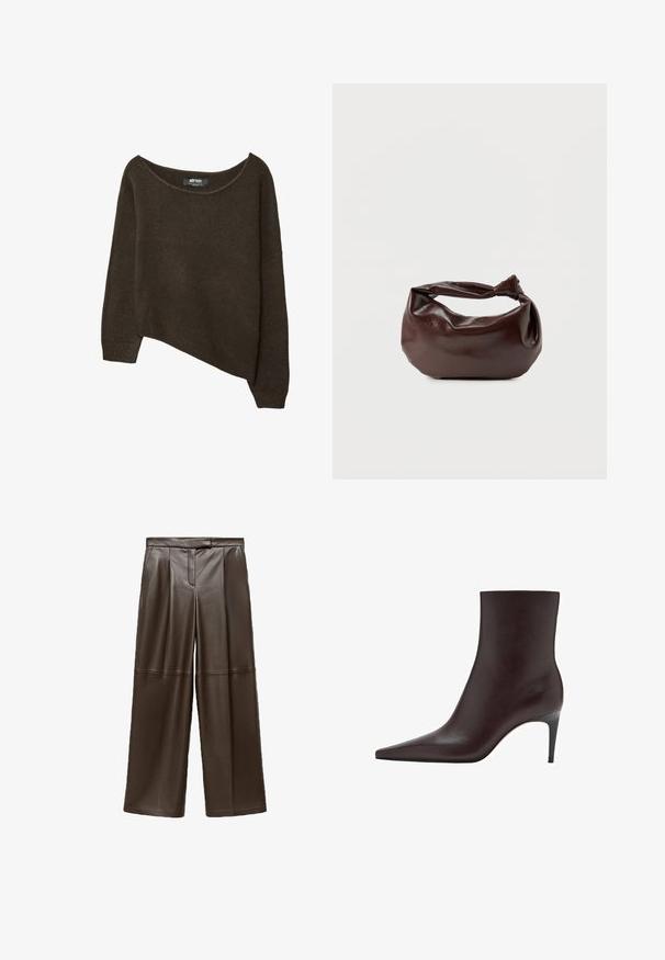 Brun, løst strikket sweater med en asymmetrisk kant og bred halsudskæring. Blød tekstur med ribbede manchetter og et mærke på den indvendige halsudskæring.; Brune læder brede bukser med en glat tekstur, der har folder foran og et klassisk taljebånddesign.; Brun læder ankelstøvle med spids tå, slank skafter og en tynd, høj hæl. Glat tekstur, minimalistisk design, ingen synlig hardware.; Mørkebrun læder skuldertaske med en blød, afslappet form og et snoet knudehåndtag på en ensartet hvid baggrund.