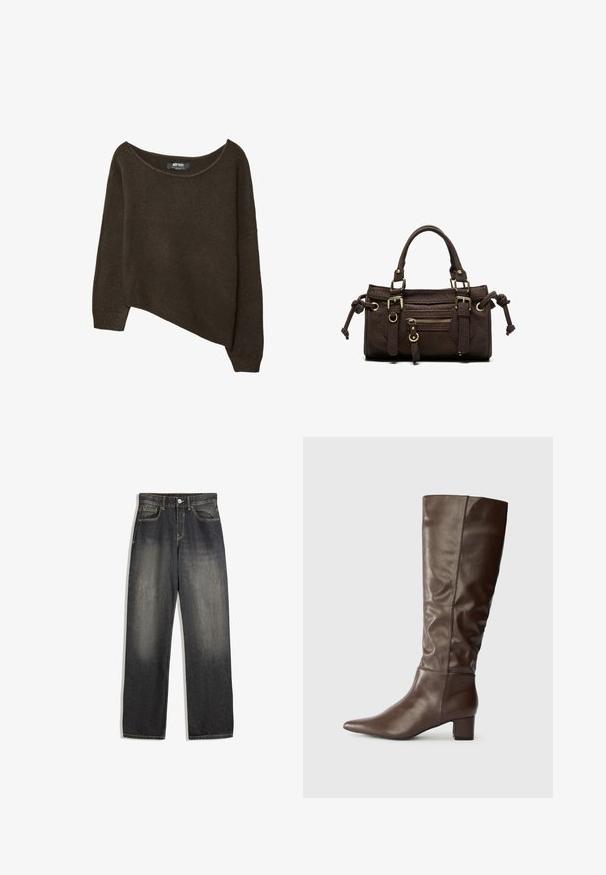 Brun, løst strikket sweater med en asymmetrisk kant og bred halsudskæring. Blød tekstur med ribbede manchetter og et mærke på den indvendige halsudskæring.; Mørk vask denim jeans med en afslappet pasform, der har lige ben, synlige sømme og en falmet gradient effekt på forsiden.; Brune læder støvler til knæene med spids tæer og blokhæle. Skaftet har en glat, let samlede tekstur.; Mørkebrun læderhåndtaske med dobbelte håndtag, forreste lynlåslomme, dekorative spænder og sideknuder på hvid baggrund.
