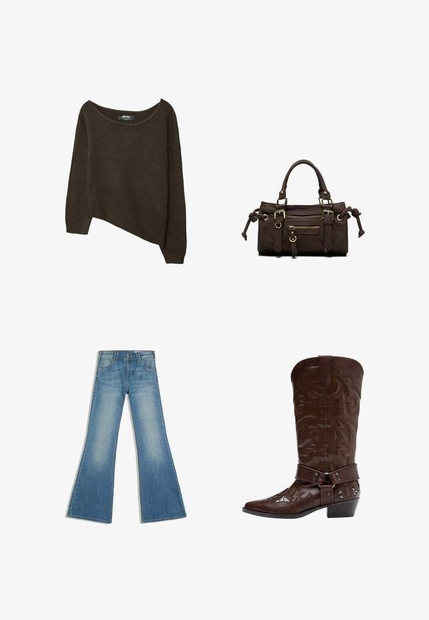 Brun, løst strikket sweater med en asymmetrisk kant og bred halsudskæring. Blød tekstur med ribbede manchetter og et mærke på den indvendige halsudskæring.; Blå denimjeans med flared ben, forlommer og knaplukning, vist mod en hvid baggrund.; Brun lædercowboystøvle med dekorativ søm, rem med spænde og lav stakket hæl, vist i sideprofil mod hvid baggrund.; Mørkebrun læderhåndtaske med dobbelte håndtag, forreste lynlåslomme, dekorative spænder og sideknuder på hvid baggrund.