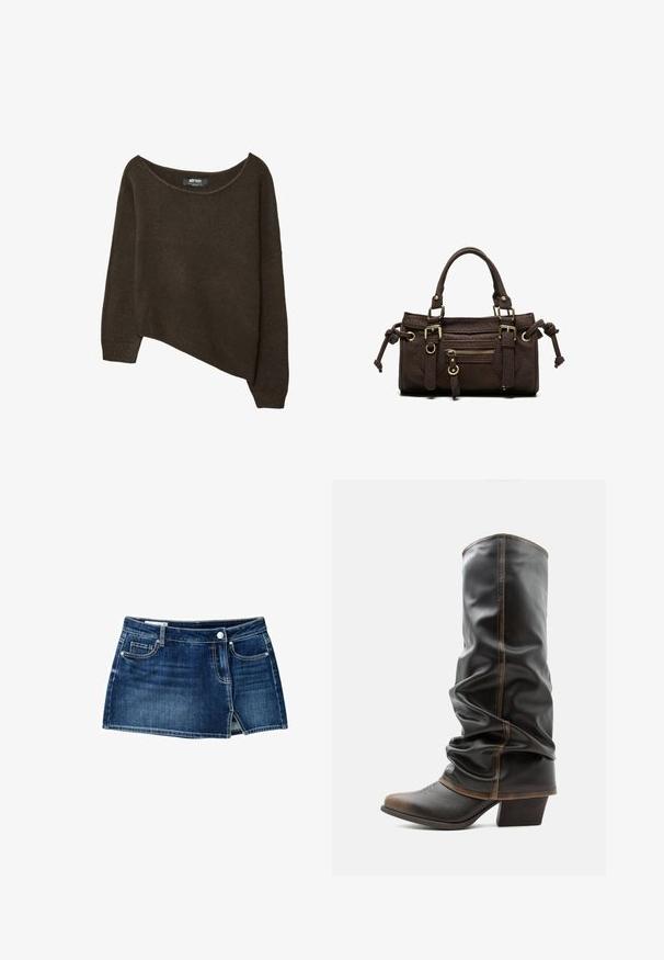 Pull en tricot lâche marron avec un ourlet asymétrique et un col large. Texture douce avec des poignets côtelés et une étiquette à l'intérieur du col.; Jupe mini courte en denim bleu foncé avec bouton et fermeture éclair devant, deux poches avant, passants de ceinture, et petite fente à l'avant sur fond blanc.; Botte haute en cuir noir décontractée avec des accents marron, bout pointu et talon empilé sur fond blanc uni.; Sac à main en cuir marron foncé avec double poignée, poche avant zippée, boucles décoratives et nœuds latéraux sur fond blanc.