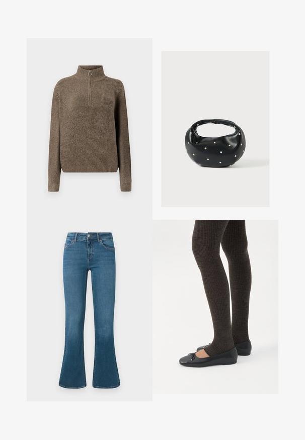 Pull en tricot côtelé marron avec un col haut et une fermeture éclair à l'avant dotée d'un tirette circulaire. Manches longues et coupe décontractée.; Jean en denim bleu évasé avec une taille mi-haute, design à cinq poches et un subtil détail de couture. Texture lisse avec un lavage classique.; Jambes portant des leggings côtelés foncés associés à des ballerines noires avec de petits détails en nœud sur fond blanc.; Sac à main en cuir noir de forme arrondie, décoré de clous argentés et équipé d'une poignée courte. Texture lisse et fermeture éclair.