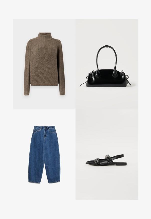 Pull en tricot côtelé marron avec un col haut et une fermeture éclair à l'avant dotée d'un tirette circulaire. Manches longues et coupe décontractée.; Jean en denim bleu avec taille haute, coupe décontractée et jambes droites. Design classique à cinq poches avec fermeture éclair et bouton.; Even&Odd by Zalando Ballerines à brides arrière - black; Petit sac à main noir brillant avec deux longues anses et des détails à cordon sur les côtés sur un fond clair uni.