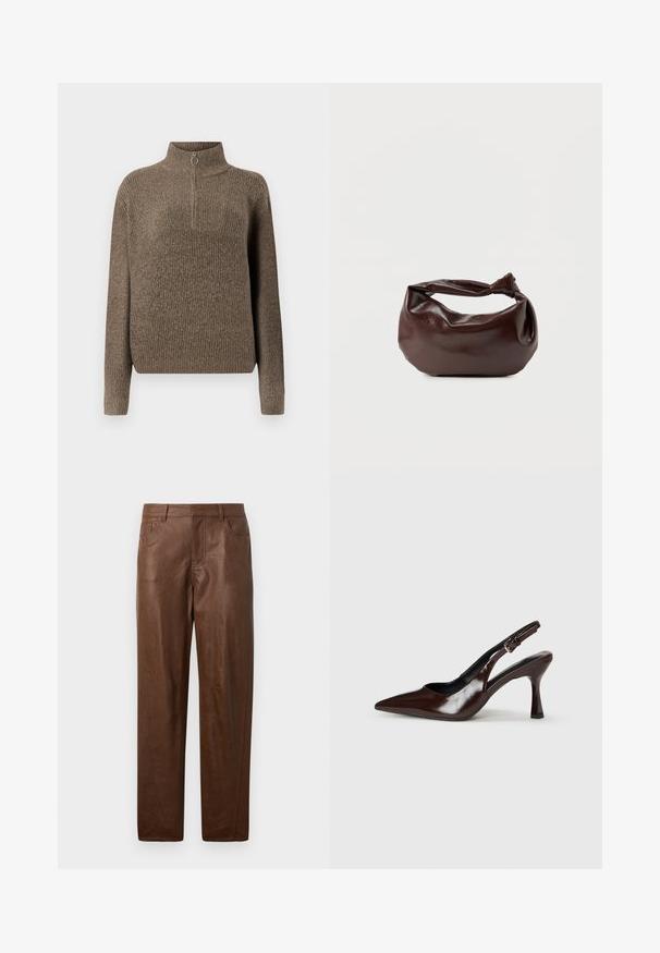Pull en tricot côtelé marron avec un col haut et une fermeture éclair à l'avant dotée d'un tirette circulaire. Manches longues et coupe décontractée.; Pantalon en cuir marron avec une texture lisse, coupe droite et deux poches latérales. Présente des détails de couture visibles.; Talons slingback en cuir verni brun avec un bout pointu, un talon fin, et une sangle réglable avec une petite boucle.; Sac bandoulière en cuir marron foncé avec une forme souple et décontractée et une anse nouée torsadée sur un fond blanc uni.