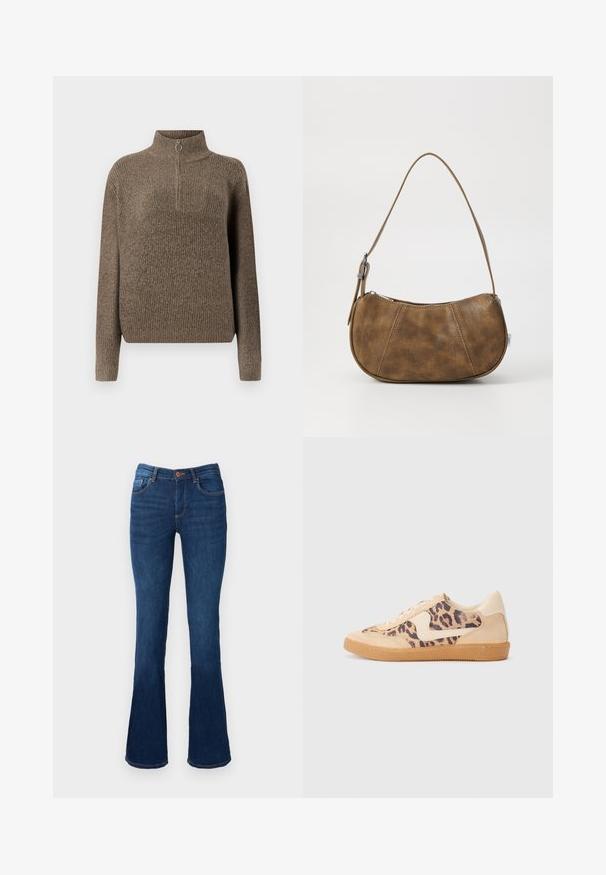 Brun ribbet striktrøje med høj hals og en lynlås foran med et rundt træk. Lange ærmer og en afslappet pasform.; Bredde denim jeans i blå farve med mid-rise talje, der har for- og baglommer, orange syninger og knaplukning.; Leopardprint sneakers med beige ruskindsoverdel, tan gummisål og hvide detaljer. Rund pegefinger og snørebåndsdesign med en tekstureret finish.; Brun faux læder skuldertaske med en buet form, en enkelt strop, kontrasterende syninger og en lynlåslukning langs den øverste kant.