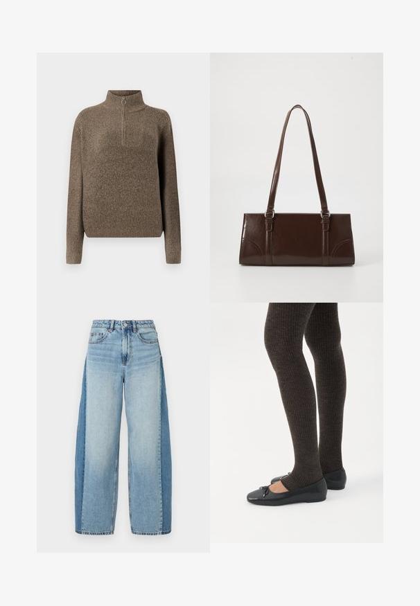 Brun ribbet striktrøje med høj hals og en lynlås foran med et rundt træk. Lange ærmer og en afslappet pasform.; Lysblå denim brede bukser med en falmet finish, fem-lomme design, knaplukning og frynset kant. Slidt tekstur og syninger som accenter.; Ben iført mørke ribbede leggings kombineret med sorte balletsko med små sløjfedetaljer på hvid baggrund.; Brun lakeret håndtaske med rektangulær form, to lange håndtag og subtile buede detaljer på fronten.