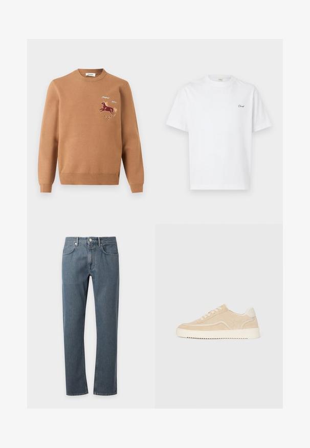 Pull à manches longues marron clair avec col rond et motif brodé d'un cheval au galop, des tourbillons bleus et un petit motif floral sur la poitrine.; T-shirt blanc en coton avec manches courtes et col ras du cou, arborant un petit logo texte noir "Cloud" brodé sur le côté gauche de la poitrine.; Jeans en denim bleu à coupe droite avec poches avant, passants pour ceinture et fermeture par bouton, présentés sur un fond clair uni.; Baskets en daim beige avec semelle et lacets blancs, design basse, et motif de semelle en zigzag.