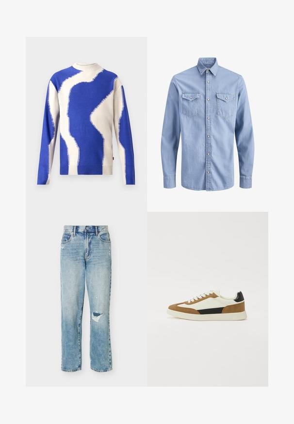 Pull en tricot présentant un motif en zigzag bleu et crème, col et ourlet côtelés, textures contrastées et détails de couture apparente.; Chemise en denim bleu clair à manches longues avec boutons-pressions, col pointu et deux poches poitrine à rabat avec fermetures à bouton.; Jean en denim bleu clair avec une coupe décontractée, présentant des zones usées et une petite déchirure au genou droit.; Baskets présentant un mélange de matériaux blancs, bruns et noirs, avec un design en daim et cuir, une forme à bout rond et une semelle plate en caoutchouc.
