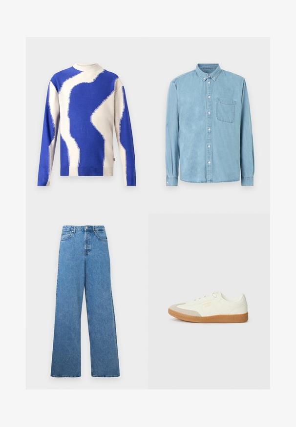 Pull en tricot présentant un motif en zigzag bleu et crème, col et ourlet côtelés, textures contrastées et détails de couture apparente.; Chemise en denim bleu clair à manches longues avec col boutonné, poche poitrine avant, et boutons blancs au centre et aux poignets.; Jean en denim bleu, taille haute, jambes larges, avec bouton frontal, fermeture éclair, passants pour ceinture, et poches à l'avant et à l'arrière.; Baskets en cuir blanc avec une coque beige et une semelle en caoutchouc marron clair. Dotées de lacets blancs plats et d'un logo embossé sur le côté.