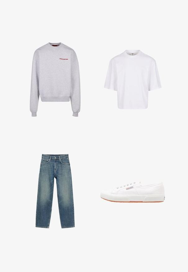 Grauer Sweatshirt mit langen Ärmeln, Rundhalsausschnitt, gerippten Bündchen und Saum. Enthält das Wort "VERBOTEN" in Rot auf der Brust. Weiche Textur.; Weißes Kurzarm-T-Shirt mit Rundhalsausschnitt und lockerer Passform, gefertigt aus einem glatten Baumwollmischgewebe. Keine Muster oder Verzierungen.; Blaue Jeans mit geradem Bein, Vordertaschen, Gürtelschlaufen und Knopfverschluss, gezeigt vor weißem Hintergrund.; Weiße Leinensneaker mit Gummisohle, Schnürdesign und einem kleinen Logolabel an der Seite. Strukturierte weiße Oberseite und braune Außensohle.