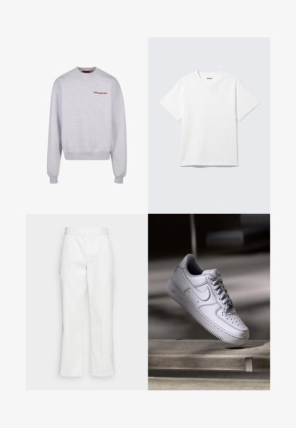 Sudadera gris de manga larga, cuello redondo, con puños y dobladillo acanalados. Presenta la palabra "PROHIBIDO" en rojo en el pecho. Textura suave.; Camiseta blanca de manga corta con cuello redondo, colocada plana, diseño liso, con etiqueta "WEEKDAY" en el interior del cuello sobre un fondo claro.; Pantalones de algodón blancos con un diseño de pierna recta, presillas para el cinturón y bolsillos laterales, con una textura suave y un detalle mínimo.; Zapatilla Nike Air Force 1 de cuero blanco que presenta una puntera perforada, cordones planos y una suela de goma texturizada con la marca "AIR" en el lateral.