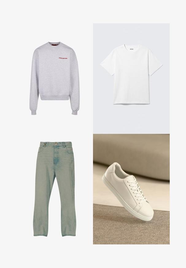Grauer Sweatshirt mit langen Ärmeln, Rundhalsausschnitt, gerippten Bündchen und Saum. Enthält das Wort "VERBOTEN" in Rot auf der Brust. Weiche Textur.; Weißes T-Shirt mit kurzen Ärmeln und Rundhalsausschnitt, flach liegend, schlichtes Design, mit „WEEKDAY“-Etikett innen im Kragen auf hellem Hintergrund.; Hellblaue Jeans mit geradem Bein, auf der Vorderseite mit Knöpfen, Gürtelschlaufen und vorderen Taschen, vor weißem Hintergrund präsentiert.; Weißes Leder Sneaker mit weißen Schnürsenkeln, auf einer beigefarbenen strukturierten Oberfläche präsentiert, und einem sanft verschwommenen Hintergrund.