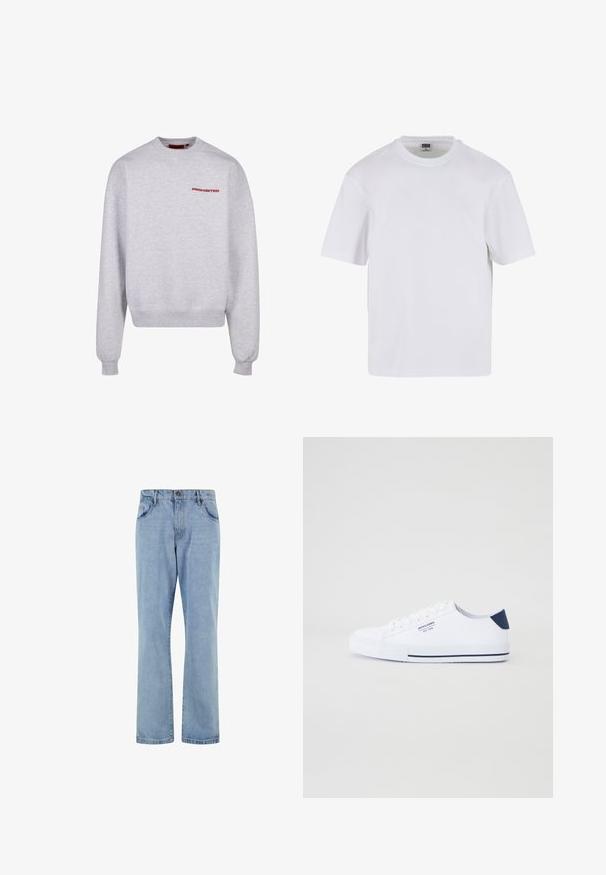 Sudadera gris de manga larga, cuello redondo, con puños y dobladillo acanalados. Presenta la palabra "PROHIBIDO" en rojo en el pecho. Textura suave.; Camiseta blanca de manga corta hecha de algodón. Presenta un cuello redondo y un ajuste holgado. Textura suave, diseño minimalista, sin patrones ni adornos.; Vaqueros de mezclilla azul claro de pierna recta con bolsillos delanteros, trabillas para cinturón y cierre de botón sobre fondo blanco.; Zapatillas de lona blancas con un acento en el talón en color navy, suela de goma plana, punta redonda y cordones blancos. Presenta un logo en el costado.