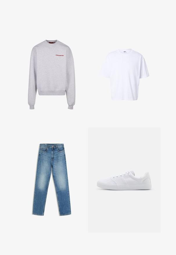 Grijze sweatshirt met lange mouwen, ronde hals, ribgebreide manchetten en zoom. Voorzien van het woord "PROHIBITED" in het rood op de borst. Zachte textuur.; Effen witte katoenen T-shirt met korte mouwen, ronde hals, losse pasvorm en Urban Classic merklabel aan de binnenkant van de kraag.; Blauwe spijkerbroek met een hoge taille, knoop en rits aan de voorkant, twee voorzakken en vervaagde plekken op de dijen en knieën.; Witte canvas sneakers met een rubberen zool, voorzien van zes oogjes, een gestructureerde neuskap en een minimalistisch ontwerp.