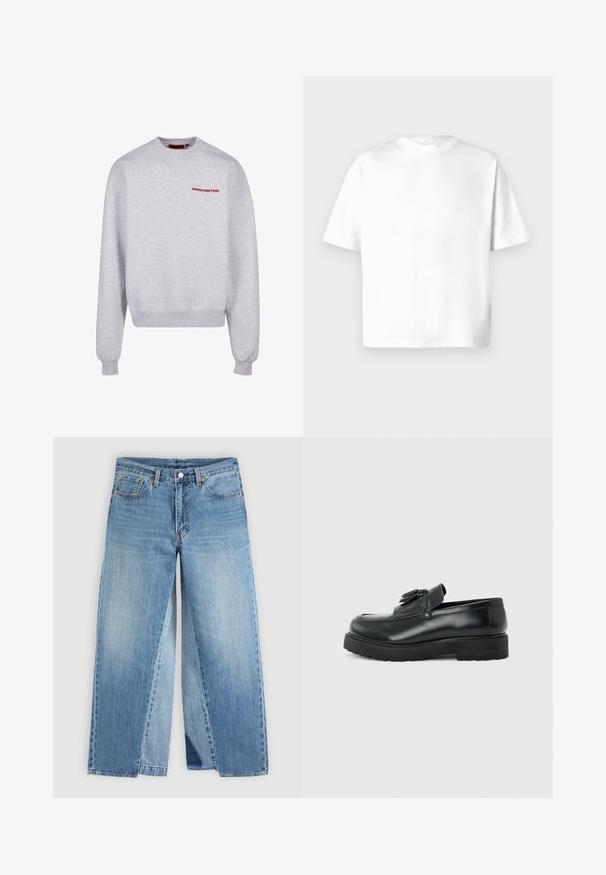Grå sweatshirt med lange ærmer, rund halsudskæring, ribkantede manchetter og nederkant. Har ordet "FORBUDT" i rødt på brystet. Blødt materiale.; Hvid t-shirt med korte ærmer lavet af blød bomuld, med rund hals og en afslappet pasform uden mønstre eller grafik. Glat tekstur.; Straight-leg blå denimjeans med klassisk fem-lomme design og forreste knaplukning, vist fladt på en neutral baggrund.; Sort læderloafer med kvaster, tyk gummisål og lav hæl, vist i sideprofil på en ensfarvet baggrund.
