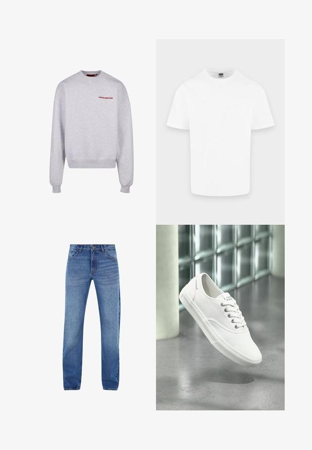 Sudadera gris de manga larga, cuello redondo, con puños y dobladillo acanalados. Presenta la palabra "PROHIBIDO" en rojo en el pecho. Textura suave.; Camiseta blanca lisa de algodón con cuello redondo y mangas cortas, mostrada sobre un fondo gris claro.; Vaqueros de denim azul con corte recto, cinco bolsillos y cremallera. Desgaste sutil en la parte frontal, detalles cosidos en color naranja.; Zapatilla blanca de lona baja con cordones, etiquetada como Tommy Hilfiger, mostrada flotando sobre un suelo gris liso cerca de una pared de bloques de vidrio.