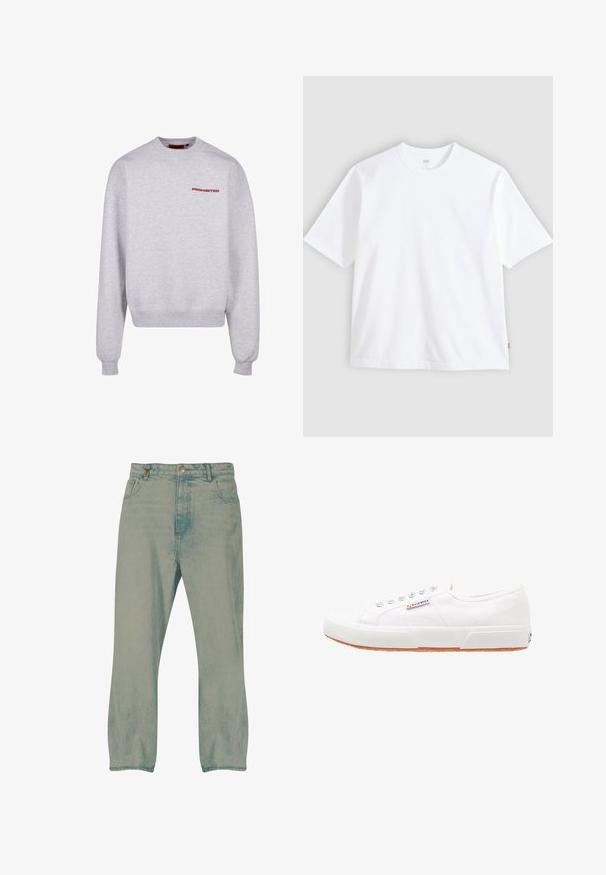 Sudadera gris de manga larga, cuello redondo, con puños y dobladillo acanalados. Presenta la palabra "PROHIBIDO" en rojo en el pecho. Textura suave.; Camiseta blanca de manga corta hecha de algodón, con cuello redondo y corte recto. Etiqueta visible en el dobladillo lateral inferior.; Vaqueros de pierna recta en azul claro con botón delantero, trabillas para cinturón y bolsillos delanteros, mostrados sobre un fondo blanco.; Zapatillas de lona blancas con suela de goma, diseño de cordones y una pequeña etiqueta con el logo en el lateral. Parte superior texturizada blanca y suela marrón.
