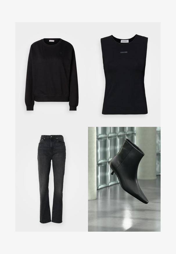 Sort sweatshirt lavet af blødt materiale, med rund hals, ribbede manchetter og et lille CK-logo på brystet. Simpelt, minimalistisk design.; Sort ærmeløs top lavet af glat stof. Har en rund halsudskæring og et lille Calvin Klein-logo i midten. Simpelt og tætsiddende design.; Højtaljede sorte denim jeans med lige ben, fem-lomme design, frontlukning med knap og minimal syning.; Sort læderankelstøvle med spids tå og lav kitten-hæ, vist vinklet mod en poleret gulv- og glasblokvæg.