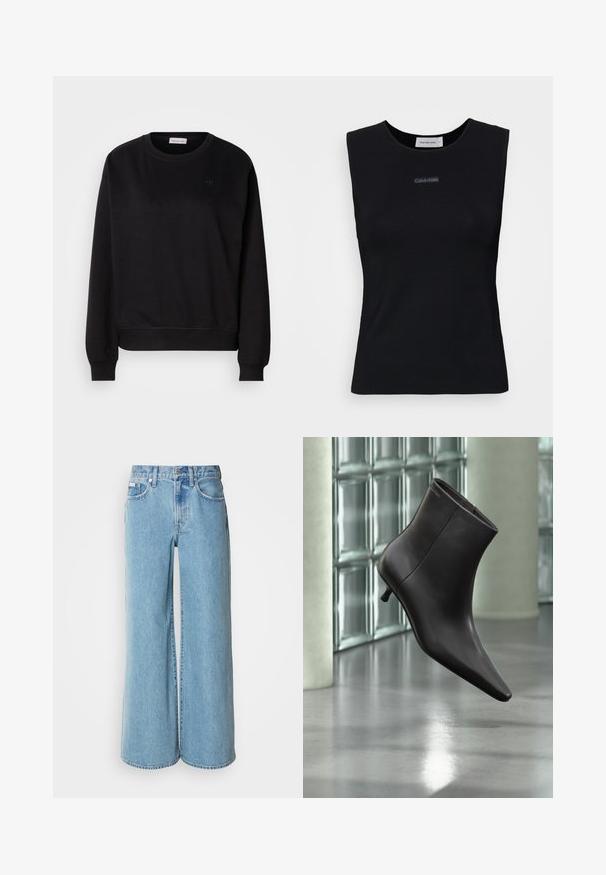 Zwarte sweatshirt gemaakt van zacht materiaal, met een ronde hals, ribgebreide manchetten en een klein CK-logo op de borst. Eenvoudig, minimalistisch ontwerp.; Zwart mouwloos topje gemaakt van gladde stof. Heeft een ronde halslijn en een klein Calvin Klein-logo in het midden. Eenvoudig en aansluitend ontwerp.; Lichtblauwe wijde jeans van denim, met een hoge taille, vijf pockets en subtiele vervaging langs de stof.; Zwarte leren enkellaars met puntige neus en lage hak, afgebeeld tegen een glazen blokkenmuur en gepolijste vloer op de achtergrond.