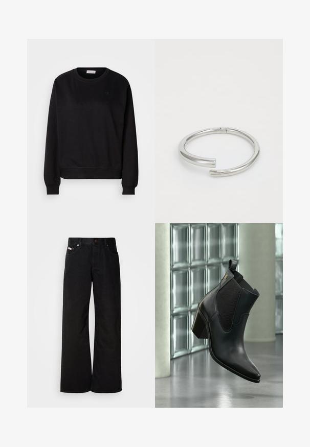 Sort sweatshirt lavet af blødt materiale, med rund hals, ribbede manchetter og et lille CK-logo på brystet. Simpelt, minimalistisk design.; Sorte breddebenede jeans lavet af bomuld. Har forlommer, en knaplukning og en klassisk denimtekstur. Minimalistisk design uden mønstre.; Sort læderankelstøvle med blokhæl og elastisk sidepanel, flydende indendørs mod glasblokvæg og betongulv.; Calvin Klein SPIRAL - Armbånd - silver-coloured