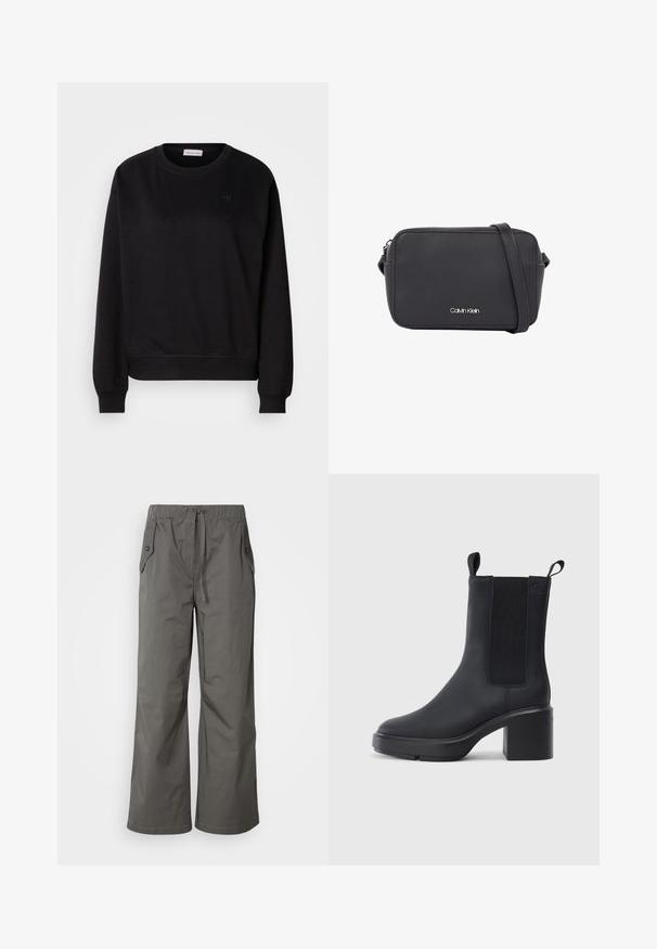 Sort sweatshirt lavet af blødt materiale, med rund hals, ribbede manchetter og et lille CK-logo på brystet. Simpelt, minimalistisk design.; Grå vide benbukser lavet af letvægtsstof, der har elastisk talje, snor og to sidelommer med knap-accenter.; Sorte ankelstøvler i glat gummimateriale, med elastiske sidepaneler, blokhæle og trækskilt øverst for nem påtagning.; Sort rektangulær crossbodytaske lavet af syntetisk materiale, med sølvlogo, slank rem og glat tekstur med afrundede kanter.