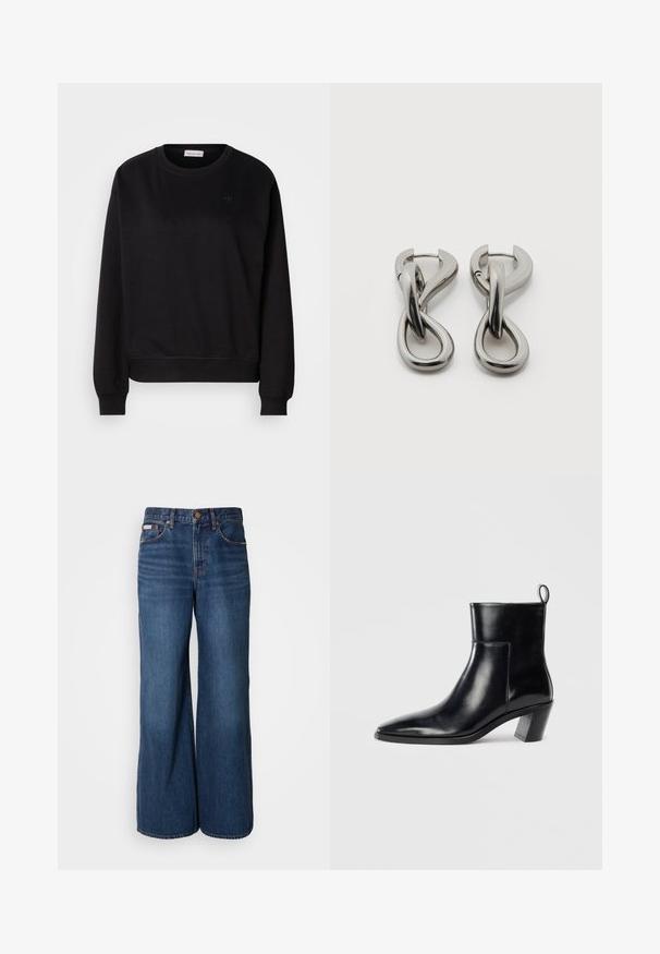 Sort sweatshirt lavet af blødt materiale, med rund hals, ribbede manchetter og et lille CK-logo på brystet. Simpelt, minimalistisk design.; Bredde jeans lavet af mørkeblåt denim. Funktioner inkluderer en høj talje, fem lommer og kontrasterende orange syninger langs sømmene.; Sort læder ankelstøvle med spids tå, geometrisk stablet hæl og en løftestrop bagpå. Glat tekstur og slankt design.; Par af sølvtonede metale øreringe med abstrakt sammenflettet løbedesign på hvid baggrund.