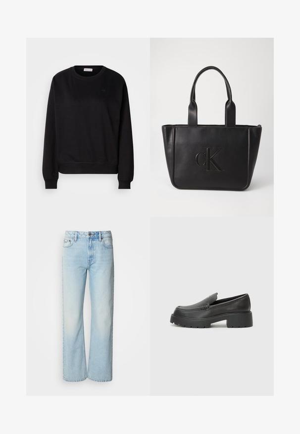 Schwarzer Pullover aus weichem Material, mit rundem Hals, gerippten Bündchen und einem kleinen CK-Logo auf der Brust. Einfaches, minimalistisches Design.; Helle blaue weit geschnittene Jeans aus Denim, mit einem klassischen Fünf-Taschen-Design und einer dezenten, gewaschenen Textur. Die Denim-Nähte sind sichtbar.; Schwarze Lederloafer mit einer abgerundeten Spitze, dicker strukturierten Laufsohle und minimalen Nähten. Schlankes Design ohne sichtbare Schnürsenkel oder Beschläge.; Schwarze Leder-Tote mit zwei Griffen; verfügt über geprägtes "cK"-Logo; rechteckige Form; glatte Textur; minimalistisches Design.