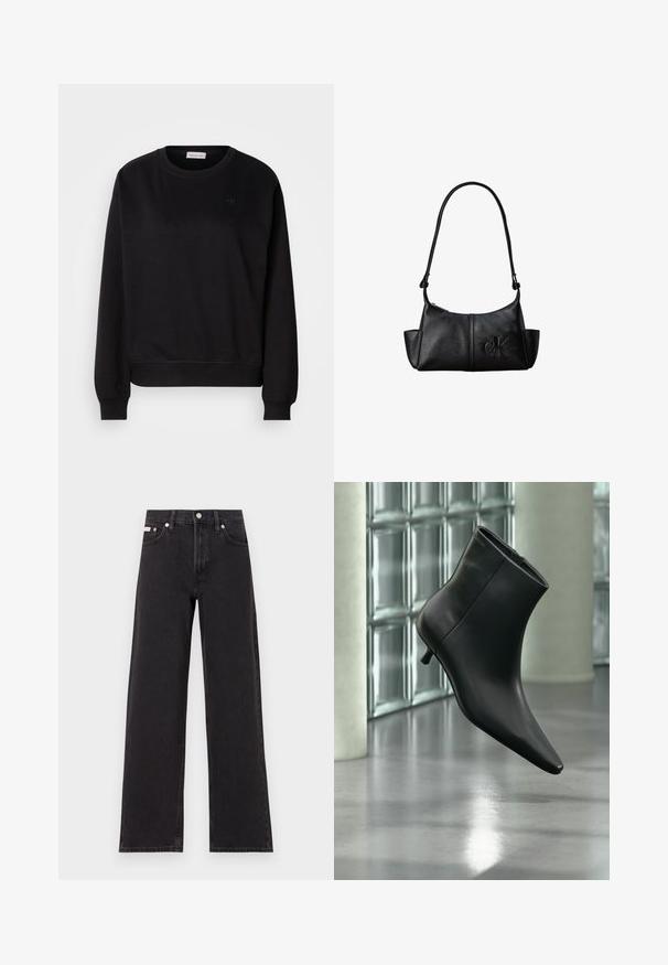 Sort sweatshirt lavet af blødt materiale, med rund hals, ribbede manchetter og et lille CK-logo på brystet. Simpelt, minimalistisk design.; Sorte vidde jeans lavet af denim, med høj talje, fem-lomme stil og en metalknap lukning med kontrasterende syninger.; Sort læderankelstøvle med spids tå og lav kitten-hæ, vist vinklet mod en poleret gulv- og glasblokvæg.; Sort læder skuldertaske med lang rem, sidelommer og præget Calvin Klein-logo på fronten.