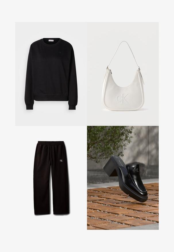 Schwarzer Pullover aus weichem Material, mit rundem Hals, gerippten Bündchen und einem kleinen CK-Logo auf der Brust. Einfaches, minimalistisches Design.; Schwarze Wide-Leg-Hose mit elastischem Bund und Seitentaschen, mit einem kleinen Calvin Klein Logo-Patch am rechten Oberschenkel.; Schwarze Leder-Slip-on-Mule von Calvin Klein mit Blockabsatz, die auf Holzfliesen im Freien nahe einer grünen Pflanze und einer grauen Wand ruht.; Weiße Leder-Umhängetasche mit Reißverschluss, geschwungener Form und erhabenem, auf der Vorderseite geprägtem CK-Logo.