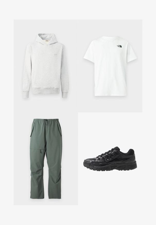 Sudadera gris claro hecha de tela suave, con un diseño clásico, bolsillo frontal tipo canguro y puños acanalados. Pequeño logo en el pecho.; Camiseta blanca de algodón con mangas cortas y cuello redondo, que presenta un pequeño logotipo negro de The North Face en el pecho izquierdo.; Pantalones verdes, ligeros, con cintura elástica, cordón ajustable y múltiples bolsillos. Textura suave con un corte relajado y holgado.; Zapatilla deportiva negra con parte superior de malla y sintético, superficie texturizada, diseño de cordones y suela de goma con patrón para tracción.