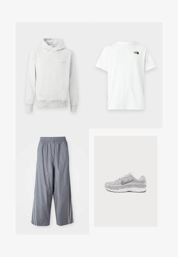 Hellgrauer Hoodie aus weichem Stoff, mit klassischem Design, vorderer Kängurutasche und gerippten Bündchen. Kleines Logo auf der Brust.; Weißes Baumwoll-T-Shirt mit kurzen Ärmeln und Rundhalsausschnitt, mit kleinem schwarzem The North Face-Logo auf der linken Brust.; Graue, leichte, synthetische weit geschnittene Hosen mit elastischem Bund und weißen Seitenstreifen. Glatte Textur mit einem lässigen Design.; Hellgrauer Nike-Laufschuh mit Mesh- und Wildleder-Einsätzen, dicker weißer Sohle und seitlichem Swoosh-Logo, im Profil auf einfachem Hintergrund dargestellt.