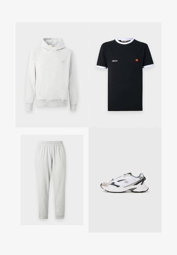 Lys grå hættetrøje lavet af blødt stof, med et klassisk design, forlommes lomme og ribbede manchetter. Lille logo på brystet.; Sort t-shirt med korte ærmer med hvid kant på krave og ærmer, med et lille "ellesse" logo-patch og en halvcirkelformet orange og rød emblemlogo.; Lysegrå, lange sweatpants med elastisk taljebånd og ankelmanchetter, vist på en ensfarvet lys baggrund.; Hvide sportsko med sølv- og sorte detaljer, mesh-overdel, struktureret sål og et strømlinet design med et logo på siden.