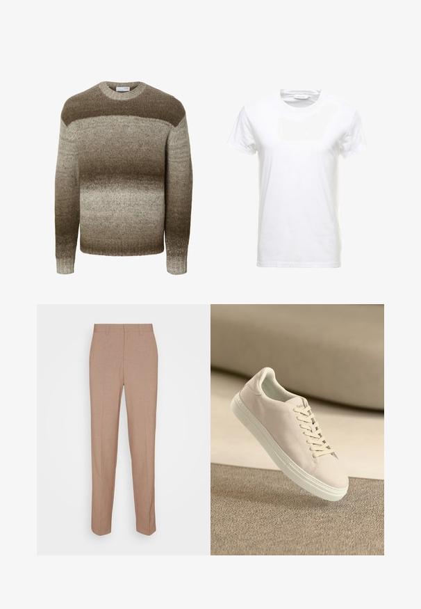 Pull en tricot à manches longues avec col rond présentant des rayures horizontales dégradées dans des tons bruns et beiges.; T-shirt en coton blanc à manches courtes, design col rond et texture lisse. Étiquette visible au niveau du col. Style simple et classique.; Pantalon beige sur mesure en tissu lisse et texturé. Coupe droite avec une taille à la taille et sans ornements visibles ni poches.; Baskets en suède beige avec semelle et lacets blancs, présentées en suspension au-dessus d'un tapis beige texturé sur fond beige doux.